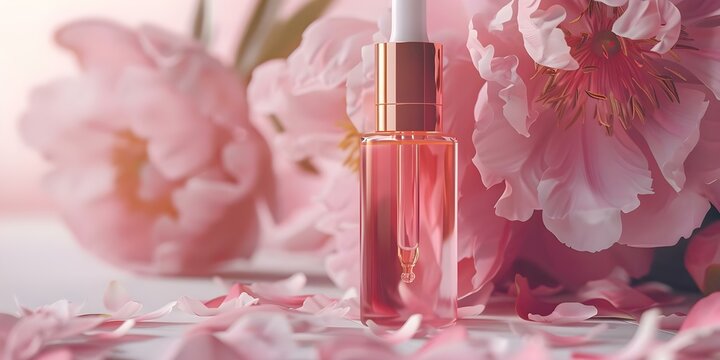 Glass dropper bottle with peony petals background showcasing a skincare product mockup for branding. Concept Product Photography, Skincare Branding, Mockup Design, Floral Background