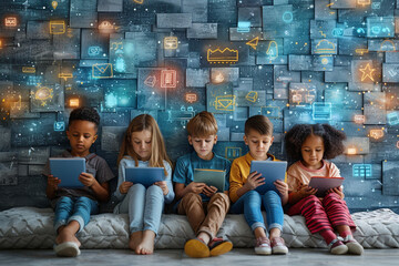 Concept art depicting children engaging in digital literacy and online safety programs, empowering them to navigate the digital world responsibly and safely.