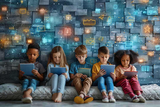 Concept art depicting children engaging in digital literacy and online safety programs, empowering them to navigate the digital world responsibly and safely.