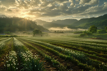 A serene countryside scene where morning mist caresses lush garlic fields, creating an enchanting ambiance of tranquility and abundance. - obrazy, fototapety, plakaty