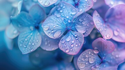Blue Hydrangea (Hydrangea macrophylla) or Hortensia flower with dew in slight color variations ranging from blue to purple. Shallow depth of field for soft dreamy feel