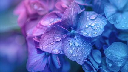 Blue Hydrangea (Hydrangea macrophylla) or Hortensia flower with dew in slight color variations ranging from blue to purple. Shallow depth of field for soft dreamy feel