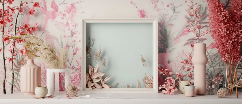 Floral mockup with empty frame, surreal flowers, plant and decoration. Shadows effect.  Copy space. Generative ai