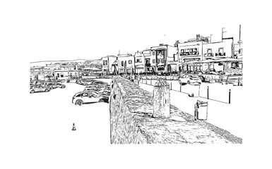 Print Building view with landmark of Rethymno is a city in Greece. Hand drawn sketch illustration in vector.