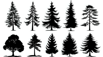 Pine tree silhouettes. Evergreen forest firs and spruces black shapes, wild nature trees templates. Vector illustration woodland trees set on white background - obrazy, fototapety, plakaty
