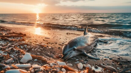Environment and wildlife: dead young dolphin on the sea shore. Earth wildlife, environmental pollution, ecological catastrophe. Dead animal