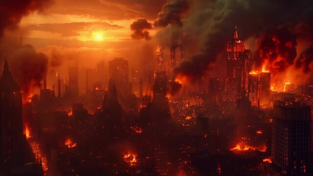 Apocalypse concept. Red skies and burning cities, covered by fires, smoke and flying debris. Disaster, nuclear war or asteroid impact landscape. Cinematic, filmic scene. Town in flame background.