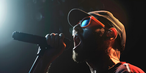 middle east hip hop performer in sunglasses and cap singing in microphone on black, banner - obrazy, fototapety, plakaty