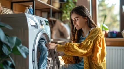 Side view of young woman putting clothes in washing machine at home - obrazy, fototapety, plakaty