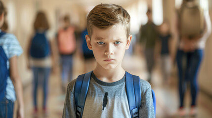 upset schoolboy standing alone with bowed head near blurred pupils in school corridor