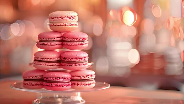 Beautiful macaron cake patisserie multi tier stand full French macaroons all flavors colors at real wedding with flowers roses pink strawberry yellow brown chocolate cookies pyramid tower. Pink French