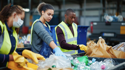 Obraz premium Interracial sorters in protective gloves and safety vests taking plastic containers from sacks while sorting trash together in waste disposal station, garbage sorting and recycling concept