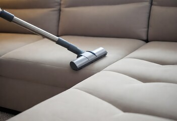 individual vacuuming a modern couch with upholstery nozzle