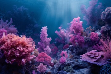 Obraz na płótnie Canvas bottom features pink and purple algae, corals