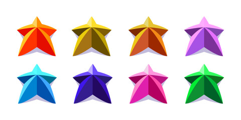 Obraz premium Colorful 3d perspective stars set with light and shadows. Orange, yellow, brown, purple, blue, cyan, pink and green.