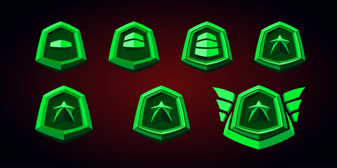 Green level game badges with patent and stars set. 3d effect and flat design.