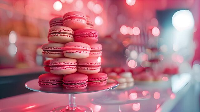 Beautiful macaron cake patisserie multi tier stand full French macaroons all flavors colors at real wedding with flowers roses pink strawberry yellow brown chocolate cookies pyramid tower. Pink French