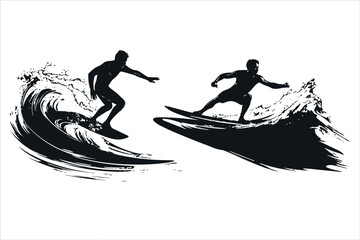 Surfing silhouette, surfing man doing surf silhouette black artwork on white background