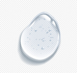 Hyaluronic acid drop with bubbles realistic vector illustration. Cosmetic serum smear. Luxury skincare product 3d object on transparent background