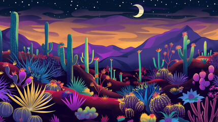 Modern flat illustration of Sonoran desert cactuses at night - obrazy, fototapety, plakaty