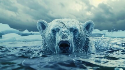 A white polar bear emerging from the water - obrazy, fototapety, plakaty