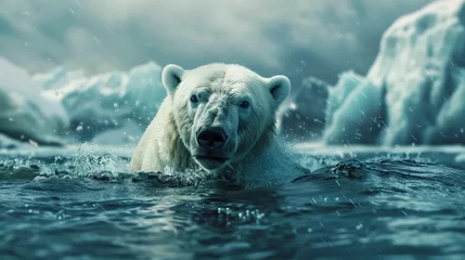 Poster A white polar bear emerging from the water © PhotoHunter