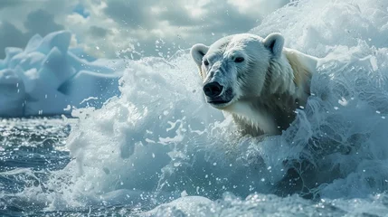 Foto op Plexiglas A white polar bear emerging from the water © PhotoHunter