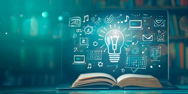 Online learning concept with icons of a computer book and light bulb on a digital screen. Concept Educational Technology, E-Learning Tools, Digital Learning Resources, Online Study Materials