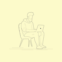 Hand drawn man use laptop and professional man use computer outline vector illustration design