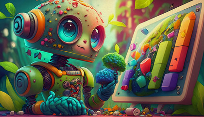 Oil painting style CARTOON CHARACTER The robot cleans the earth of debris and pollution