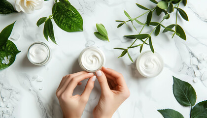 Cosmetic cream with female hands, jars with milk swirl cream and green leaves on white marble table. Flat lay, top view. Woman touching organic moisturizing hand cream. Hand skin care concept