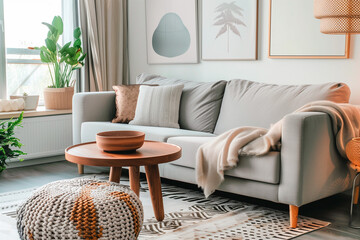 Cozy sofa in studio apartment in penthouse - obrazy, fototapety, plakaty
