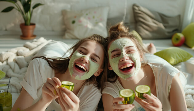 Two girls with homemade face beauty masks. Cucumber mask for face skin freshness. Women take care of youthful skin. Best friends laugh at home.