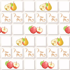 Apples and pears on the tiles. Vector seamless pattern with apples and pears on tiles.