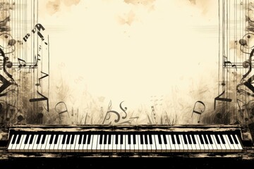 A musical theme with piano keys creating a border around the text.