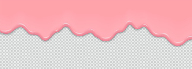 Texture liquid pink sweet caramel or gum on a transparent background. Dripping glossy pink slime. Border of flowing sticky liquid. 3D vector illustration - obrazy, fototapety, plakaty