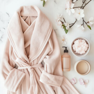 Flat lay image of robe and spa items