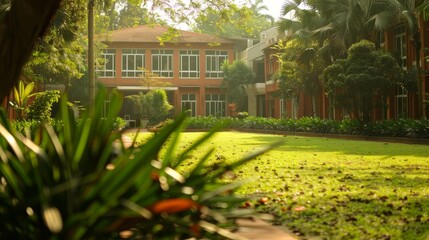A large building with a green courtyard in front of it. The courtyard is filled with plants and trees, and the grass is lush and green. The building has a red roof and is surrounded by a white fence - obrazy, fototapety, plakaty