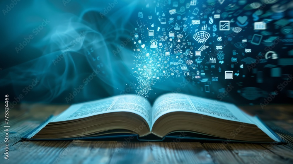 Aufkleber a book is open to a page with a blue background and a lot of symbols. the book appears to be a compu