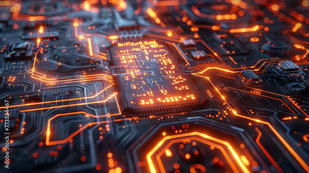 Poster a close up of a computer chip with orange lights. concept of technology and innovation, as well as t