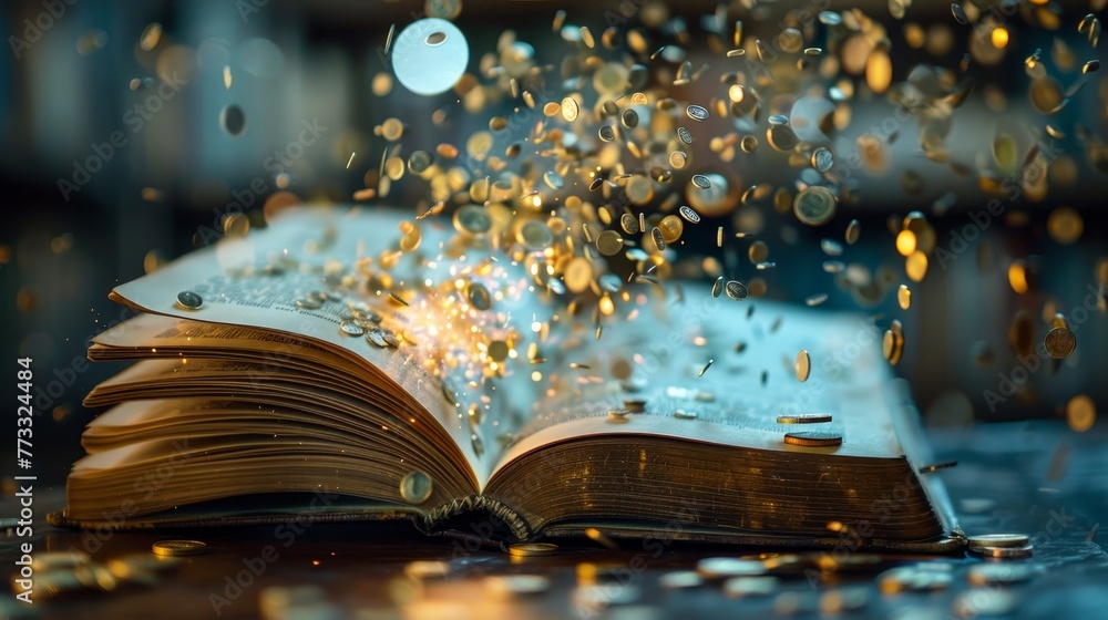 Aufkleber a book is open to a page with a lot of coins scattered around it. the coins are falling out of the b