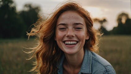 happy redhead girl with freckles - obrazy, fototapety, plakaty