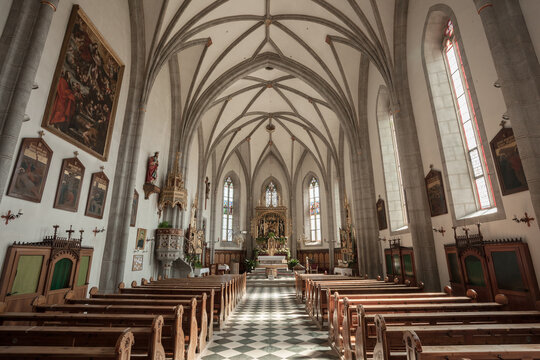 Internal view of the architecture of the church of Velturno in Val Isarco, Italy