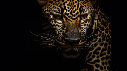 A stunning leopard standing against a sleek black background, with ample copy space for text or additional elements.