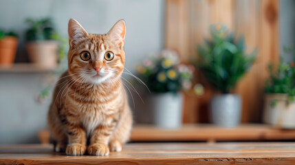 pet shop banner beautiful ginger cat in a room with houseplants