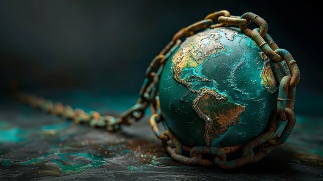 A chain is wrapped around a globe, symbolizing the world being held captive. The chain is made of metal and is twisted around the globe, creating a sense of confinement