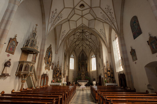 Internal view of the architecture of the church of Villandro in Val Isarco, Italy