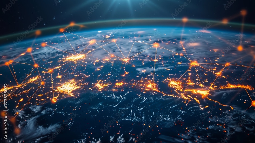 Poster a view of the earth from space with a network of lights connecting the cities. concept of interconne