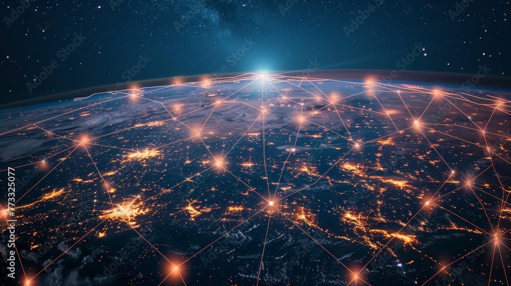 Poster a planet with a network of lights on it. the lights are connected to each other and are spread out a