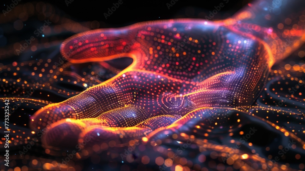 Poster a hand is shown in a very abstract way, with many dots and lines. the hand is orange and red, and it